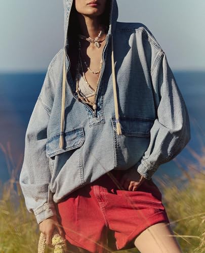 Women's Sweatshirt Denim Hoodies Oversized Long Sleeve Half Zip Casual Jean Hooded Loose Pullover Tops with Pockets