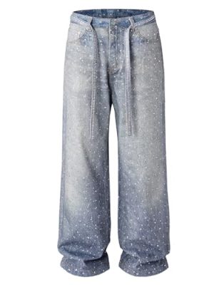 Men Baggy Rhinestone Jeans Wide Leg Denim Pants Vintage Sparkly Pearl Jeans Y2k Oversized Hip Hop Pants for Women