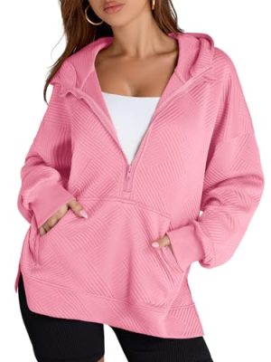 Womens Oversized Half Zip Hoodies Long Sleeve Textured Casual Sweatshirts Loose Fall Pullover Tops with Pockets