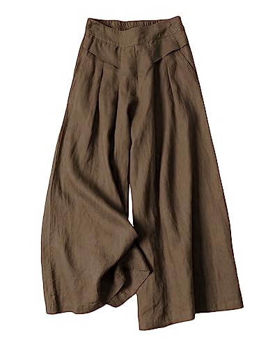 Women's Culottes Linen Cropped Wide Leg Pants Elastic Waist Casual Palazzo Trousers with Pockets