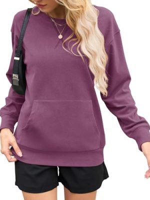 Womens Long Sleeve Sweatshirt Casual Crewneck Plain Pullover Tops with Pockets