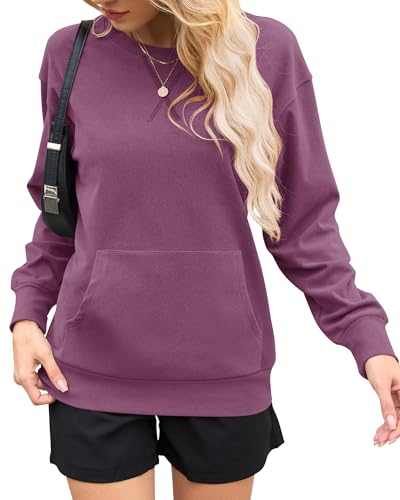 Womens Long Sleeve Sweatshirt Casual Crewneck Plain Pullover Tops with Pockets