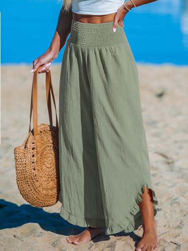 Women Pants Smocked Waist Straight Leg Ruffle Cuffs Loose Fit Pant Casual Beach