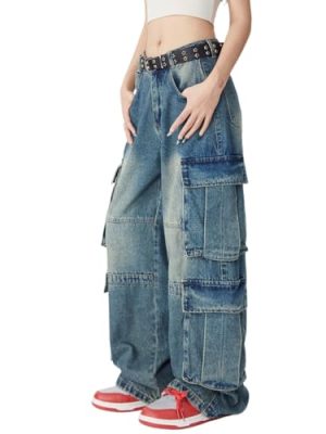 Baggy Cargo Pants for Men Women Wide Leg Jeans Y2k Hip Hop High Waisted Pants Casual Streetwear Grunge Clothes Black