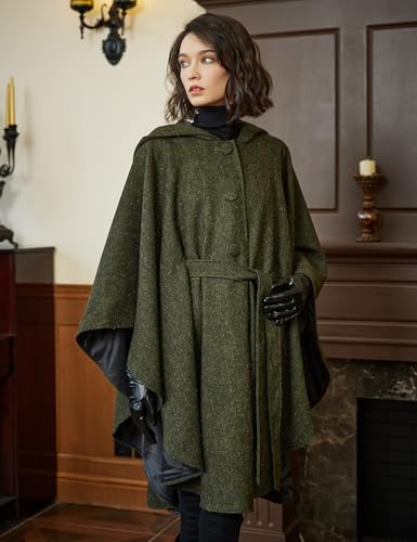 Women Tweed Hooded Belted Cloak Buttons Closure Sleeveless Satin Lining Wool Poncho