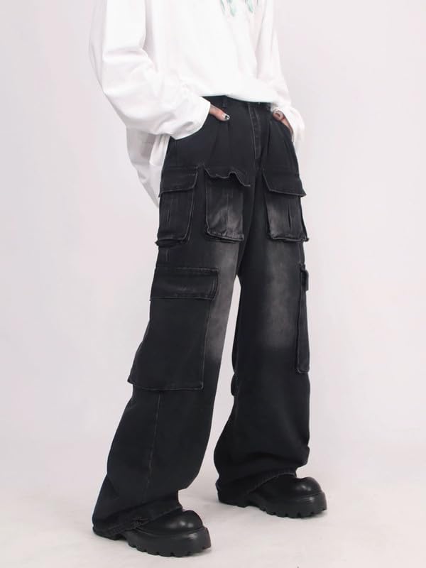 Cargo Pants with Pockets Men Women Baggy Jeans Y2k Wide Leg Grunge Loose Jeans Clothes Streetwear Black