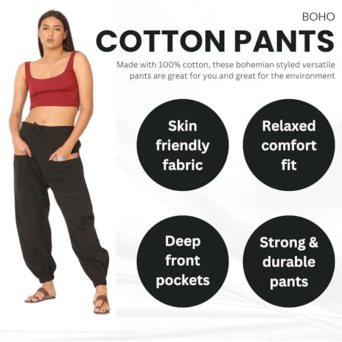 Men Women Cotton Linen Baggy Harem Drawstring Yoga Pants, One Size Casual Hippie Trousers with Pockets