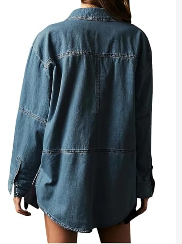 Women Casual Long Sleeve Denim Pullover Top Jean Shirt Turndown V Neck Oversized Denim Shirt Hoodie Sweatshirt