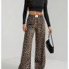 Women's Leopard Print Wide Leg Pants Patched Elastic Waist Casual Loose Trousers
