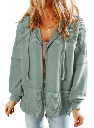Waffle Knit Hoodies Womens Zip Up 2025 Drawstring Casual Shirt Jackets