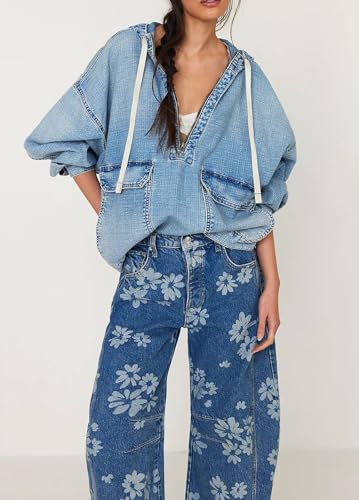 Women Casual Denim Shirt Hoodies Pullover Oversized Jean Jacket Sweatshirt Long Sleeves Half Zip Western Blouse Top