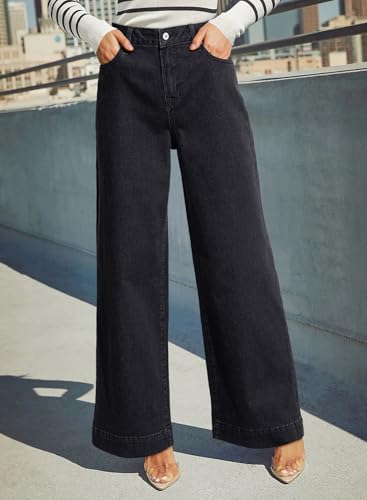 Women's Casual High Waisted Jeans Stretch Wide Leg Loose Denim Pants with Pockets