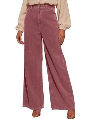 Women's Corduroy Pants Casual High Waisted Baggy Wide Leg Elastic Waist Loose Trousers with Pockets