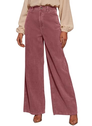 Women's Corduroy Pants Casual High Waisted Baggy Wide Leg Elastic Waist Loose Trousers with Pockets