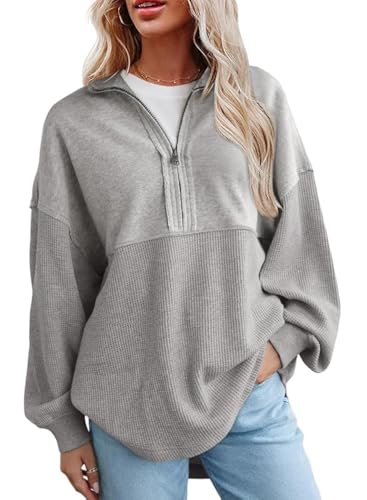 Womens Fall Sweatshirt Casual Waffle Knit Half Zip Pullover Loose Long Sleeve Tops