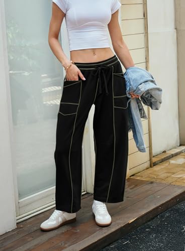Womens Baggy Wide Leg Pants Casual Summer Palazzo Pants Drawstring Waist Barrel Sweatpants with Pockets