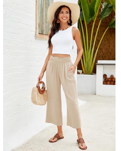 Capri Pants for Women High Waisted Wide Leg Linen Palazzo Trousers Pull On Elastic Smock Waist Loose Flowy Pants