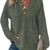 Hoodies for Women Waffle Knit V Neck Oversized Sweatershirt Button Down Drawstring Hooded Pullover Tops for Fall 2025