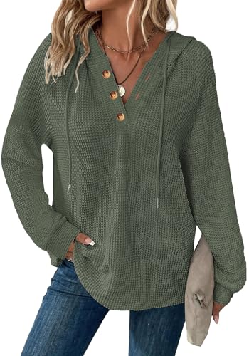 Hoodies for Women Waffle Knit V Neck Oversized Sweatershirt Button Down Drawstring Hooded Pullover Tops for Fall 2025