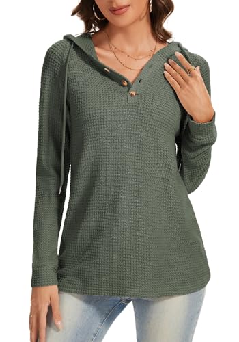 Hoodies for Women Waffle Knit V Neck Oversized Sweatershirt Button Down Drawstring Hooded Pullover Tops for Fall 2025