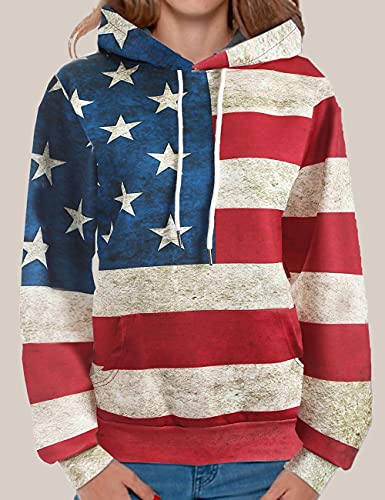 Unisex USA American Flag Print 4th of July Patriotic Long Sleeve Pockets Slim Pullover Hoodie Sweatshirt
