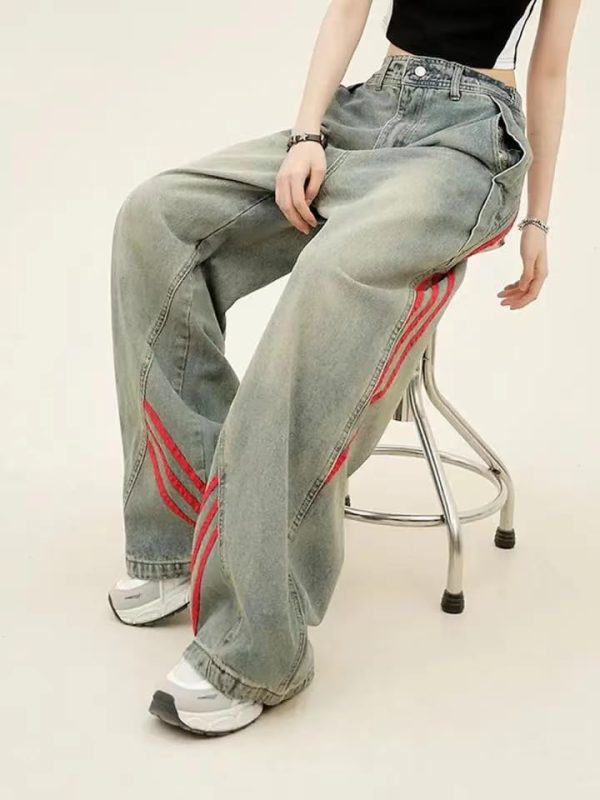 Vintage Grunge Red Striped Wide Leg High Waist Jeans Patchwork Harajuku Hip Hop Casual Trendy Y2k Baggy Pants