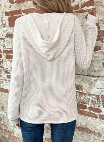 Hoodies for Women Waffle Knit Long Sleeve Drawstring Button V Neck Casual Pullover Sweatshirt Hooded Tops