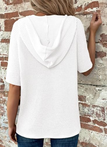 Womens Summer Tops Waffle Knit Short Sleeve Lightweight Drawstring Hoodies Button V Neck Casual Blouses Shirts