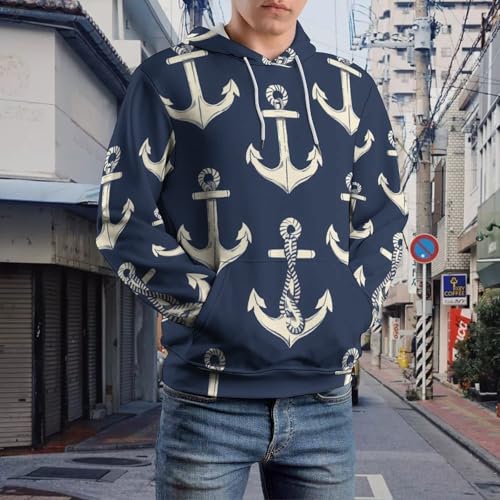 Anchors Nautical Pattern Adult Hoodies Pullover Hooded Sweatshirts Long Sleeve Sweater Tops with Pocket