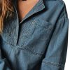 Women Casual Long Sleeve Denim Pullover Top Jean Shirt Turndown V Neck Oversized Denim Shirt Hoodie Sweatshirt