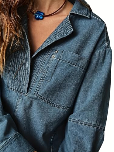 Women Casual Long Sleeve Denim Pullover Top Jean Shirt Turndown V Neck Oversized Denim Shirt Hoodie Sweatshirt