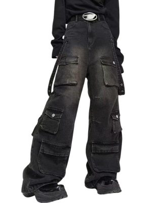 Men's Baggy Jeans Y2k Goth Wide Leg with Multiple Pockets Women Fashion 90s Hiphop Cargo Pants Y2k Harajuku Streetwear