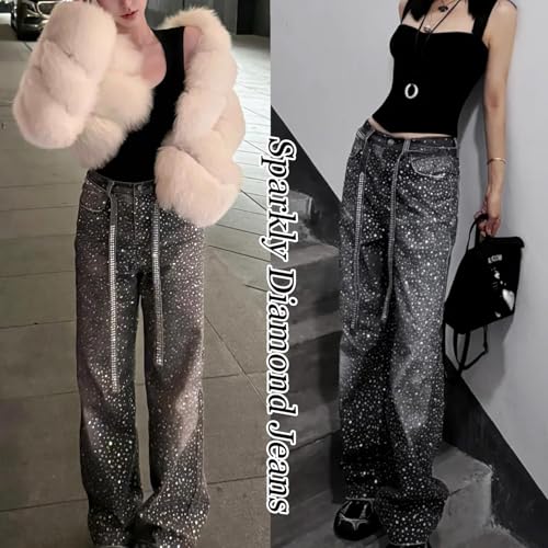 Mens Rhinestone Jeans Vintage Baggy Sparkly Pearl Bling Jeans Chic Wide Leg Denim Pants Womens Y2K Grunge Clothes
