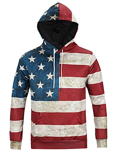 Unisex USA American Flag Print 4th of July Patriotic Long Sleeve Pockets Slim Pullover Hoodie Sweatshirt