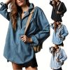 Women Casual Long Sleeve Denim Pullover Top Jean Shirt Turndown V Neck Oversized Denim Shirt Hoodie Sweatshirt
