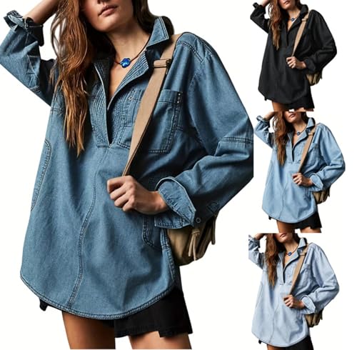 Women Casual Long Sleeve Denim Pullover Top Jean Shirt Turndown V Neck Oversized Denim Shirt Hoodie Sweatshirt