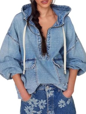 Women's Sweatshirt Denim Hoodies Oversized Long Sleeve Half Zip Casual Jean Hooded Loose Pullover Tops with Pockets