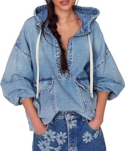 Women's Sweatshirt Denim Hoodies Oversized Long Sleeve Half Zip Casual Jean Hooded Loose Pullover Tops with Pockets