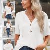 Womens Summer Tops Waffle Knit Short Sleeve Lightweight Drawstring Hoodies Button V Neck Casual Blouses Shirts