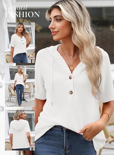 Womens Summer Tops Waffle Knit Short Sleeve Lightweight Drawstring Hoodies Button V Neck Casual Blouses Shirts