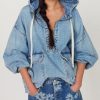 Women's Sweatshirt Denim Hoodies Oversized Long Sleeve Half Zip Casual Jean Hooded Loose Pullover Tops with Pockets