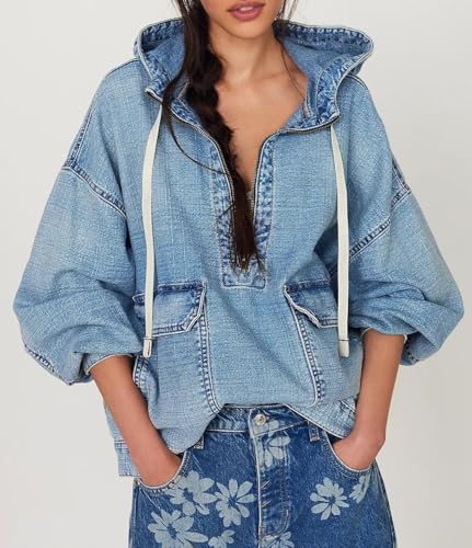 Women's Sweatshirt Denim Hoodies Oversized Long Sleeve Half Zip Casual Jean Hooded Loose Pullover Tops with Pockets