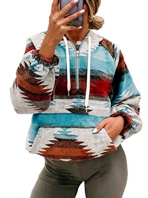 Women's Aztec Print Pattern Western Ethnic Half Zip Long Sleeve Pullover Hoodie Sweatshirt