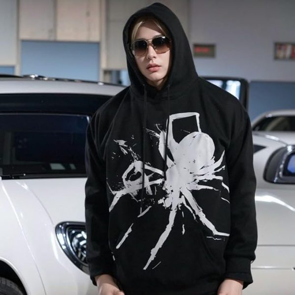 Y2K Halloween Skull/Spider Print Hoodie Men's Casual Gothic Hooded Sweatshirt Fashion Tops Harajuku
