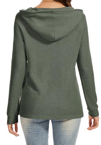 Hoodies for Women Waffle Knit V Neck Oversized Sweatershirt Button Down Drawstring Hooded Pullover Tops for Fall 2025