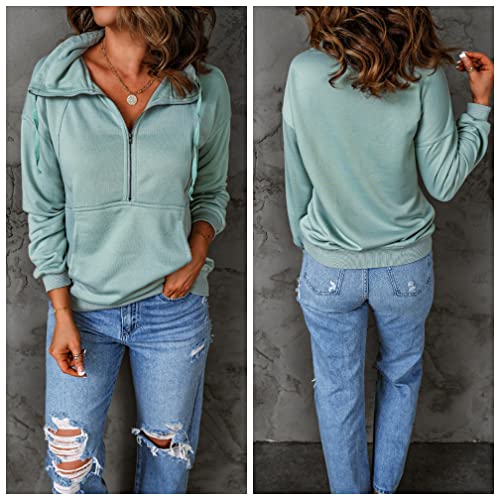 Women's Casual Long Sleeve Lapel Zipper Sweatshirt Drawstring Loose Pullover Tops