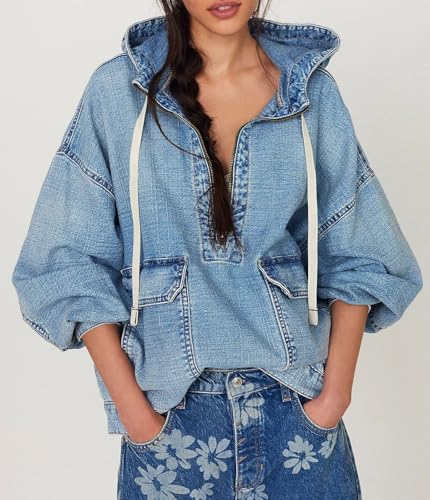 Women Casual Denim Shirt Hoodies Pullover Oversized Jean Jacket Sweatshirt Long Sleeves Half Zip Western Blouse Top
