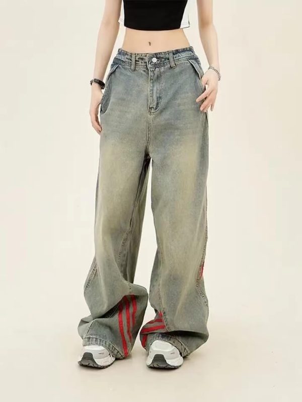 Vintage Grunge Red Striped Wide Leg High Waist Jeans Patchwork Harajuku Hip Hop Casual Trendy Y2k Baggy Pants
