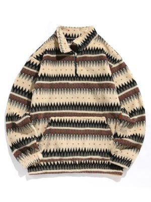 Men 1/4 Zipper Sweatshirt Ethnic Aztec Printed Kangaroo Pocket Fall Winter Pullovers Jacket Unisex Hoodie Tops