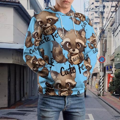 Raccoon Cute But Feral Loves Coffee Adult Pullover Hoodies Long Sleeve Sweatshirt Casual Tops with Pockets for Women Men
